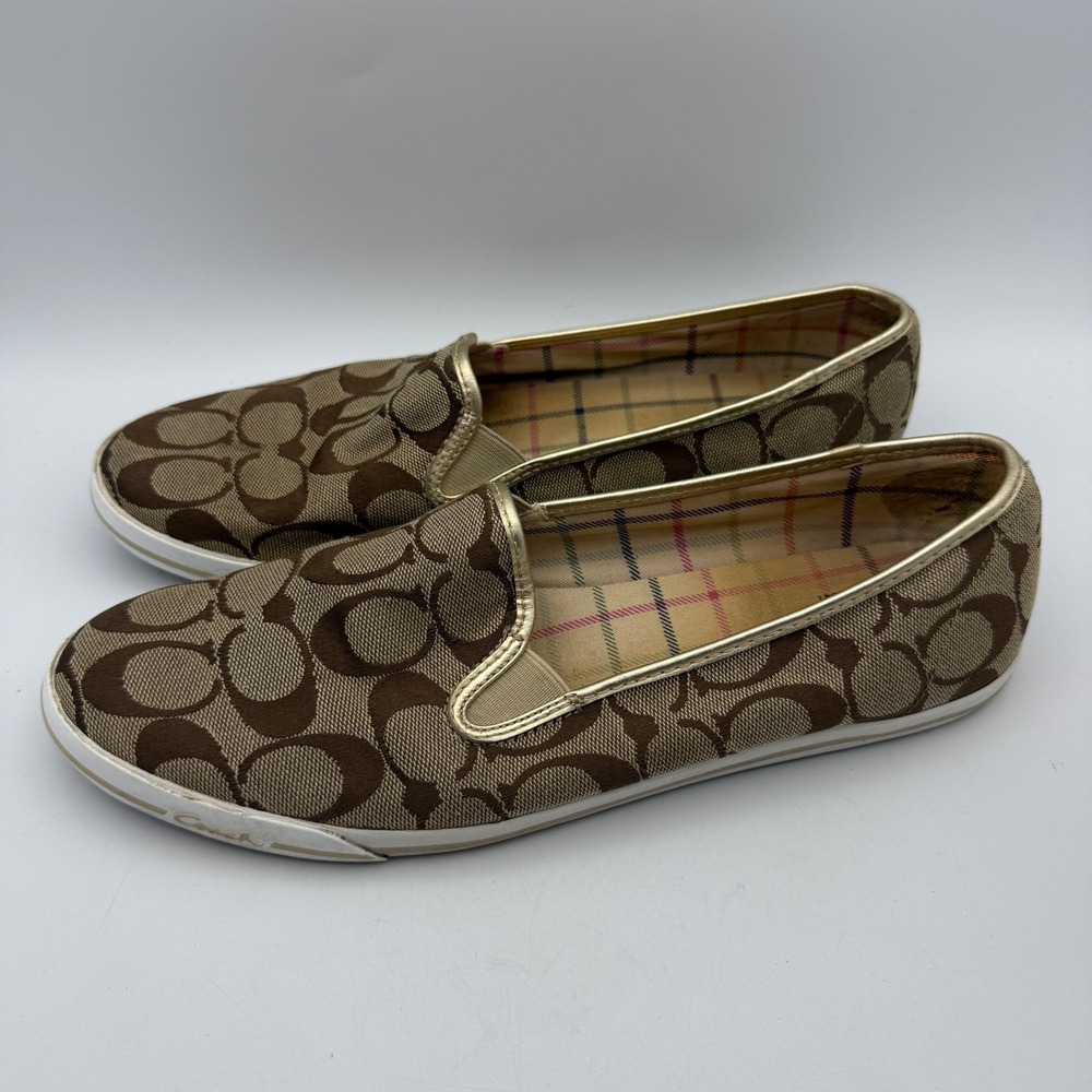 Coach Abbe Slip On Sneakers Womens 10B Brown Signature C Canvas Gold Trim A1494